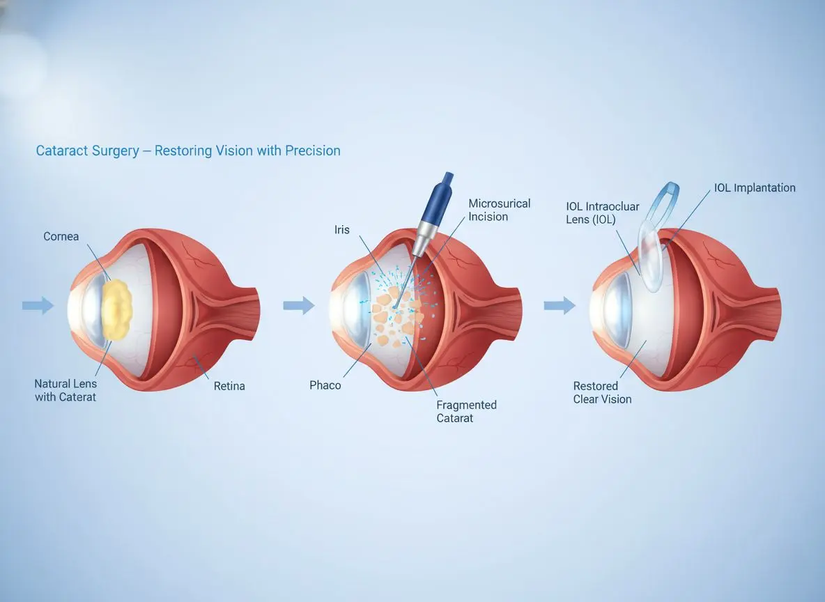 Scientific illustration of cataract surgery showing cloudy lens removal and IOL implantation by a cataract surgery specialist in Thane